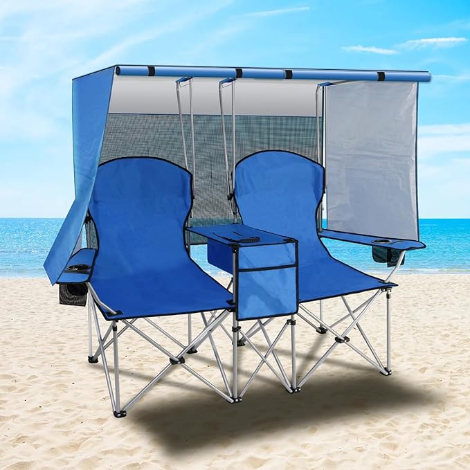 Silla de camping doble portátil con pantalla de toldo