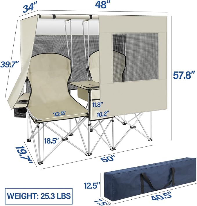 Silla de camping doble portátil con pantalla de toldo