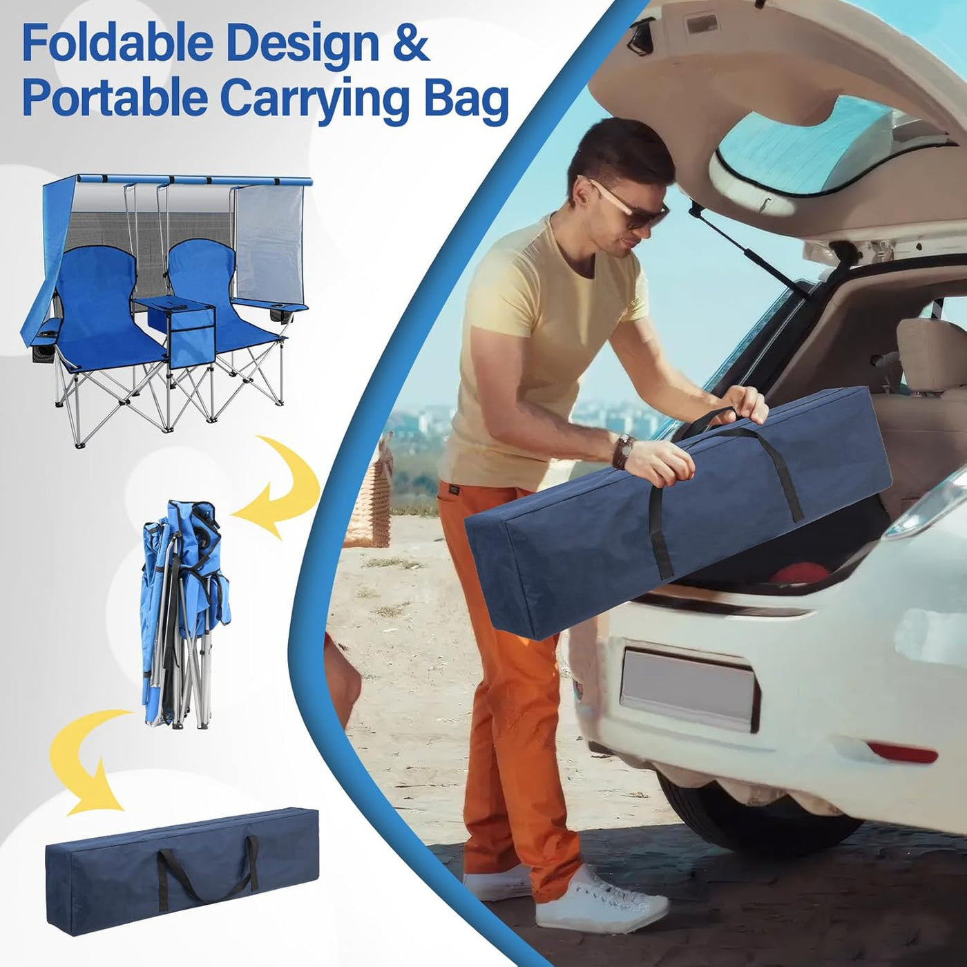 Silla de camping doble portátil con pantalla de toldo