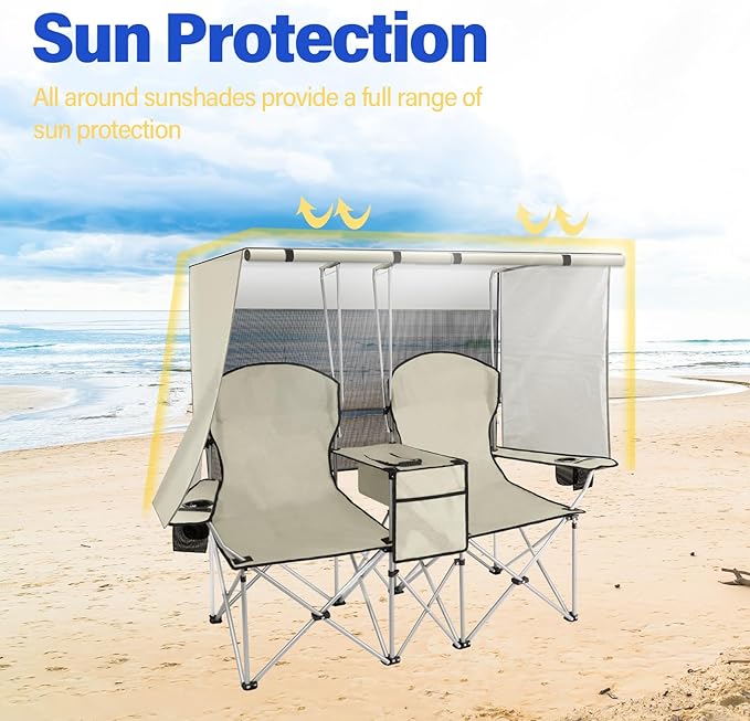 Silla de camping doble portátil con pantalla de toldo