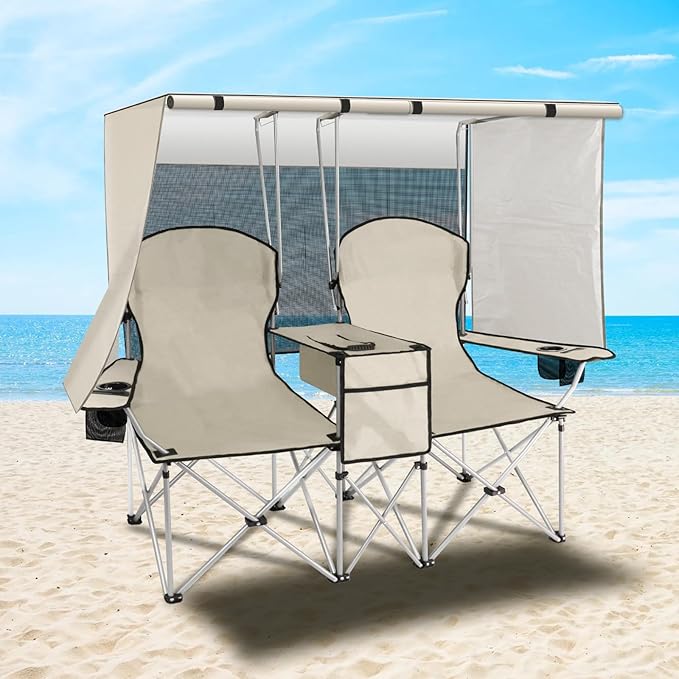 Silla de camping doble portátil con pantalla de toldo